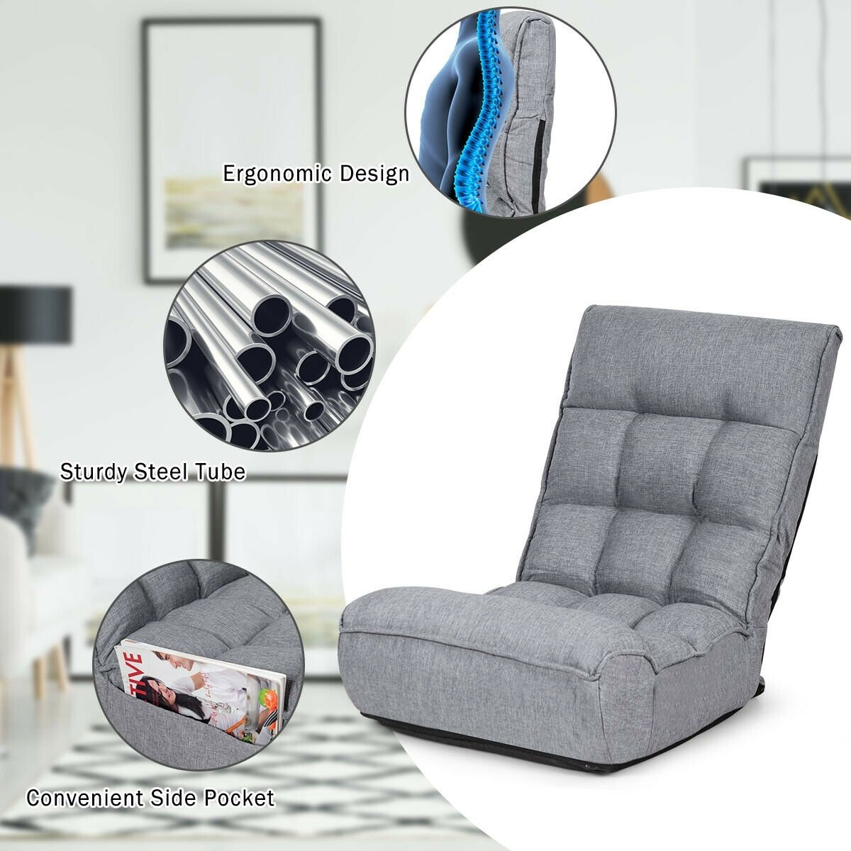 4-Position Adjustable Floor Chair Folding Lazy Sofa-Gray view 9