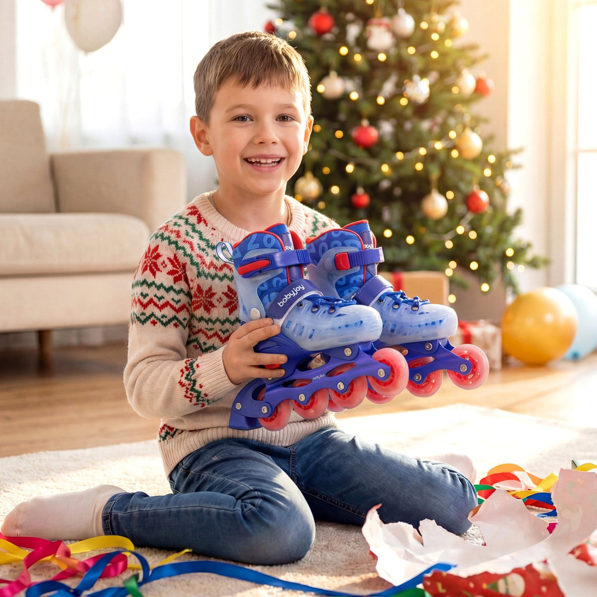 4-Size Adjustable Illuminating Kids Inline Skates with Light Up Wheels-Blue view 2