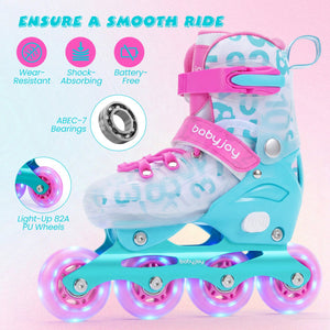 4-Size Adjustable Illuminating Kids Inline Skates with Light Up Wheels-Blue and Pink view 7