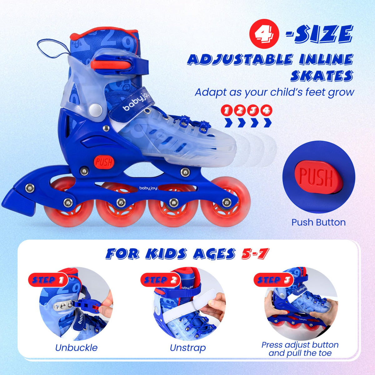 4-Size Adjustable Kids Inline Skates for Beginners Ages 5-7-Blue view 6