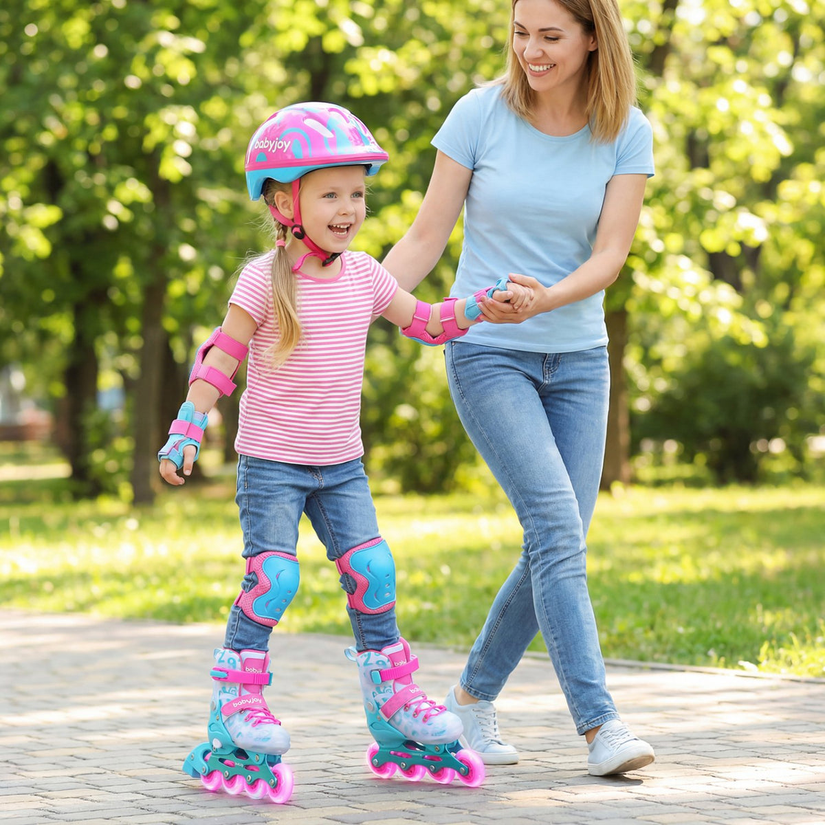 4-Size Adjustable Kids Inline Skates for Beginners Ages 5-7-Blue and Pink view 3