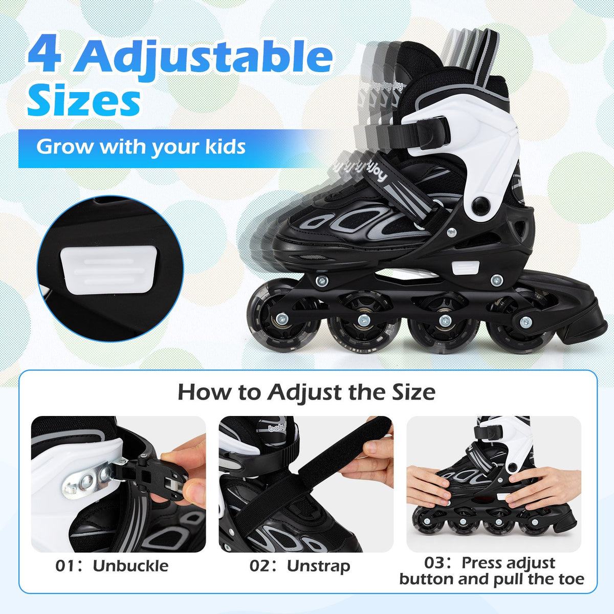 4 Sizes Adjustable Blade Roller with Light-up Wheels for Youth-Black view 7