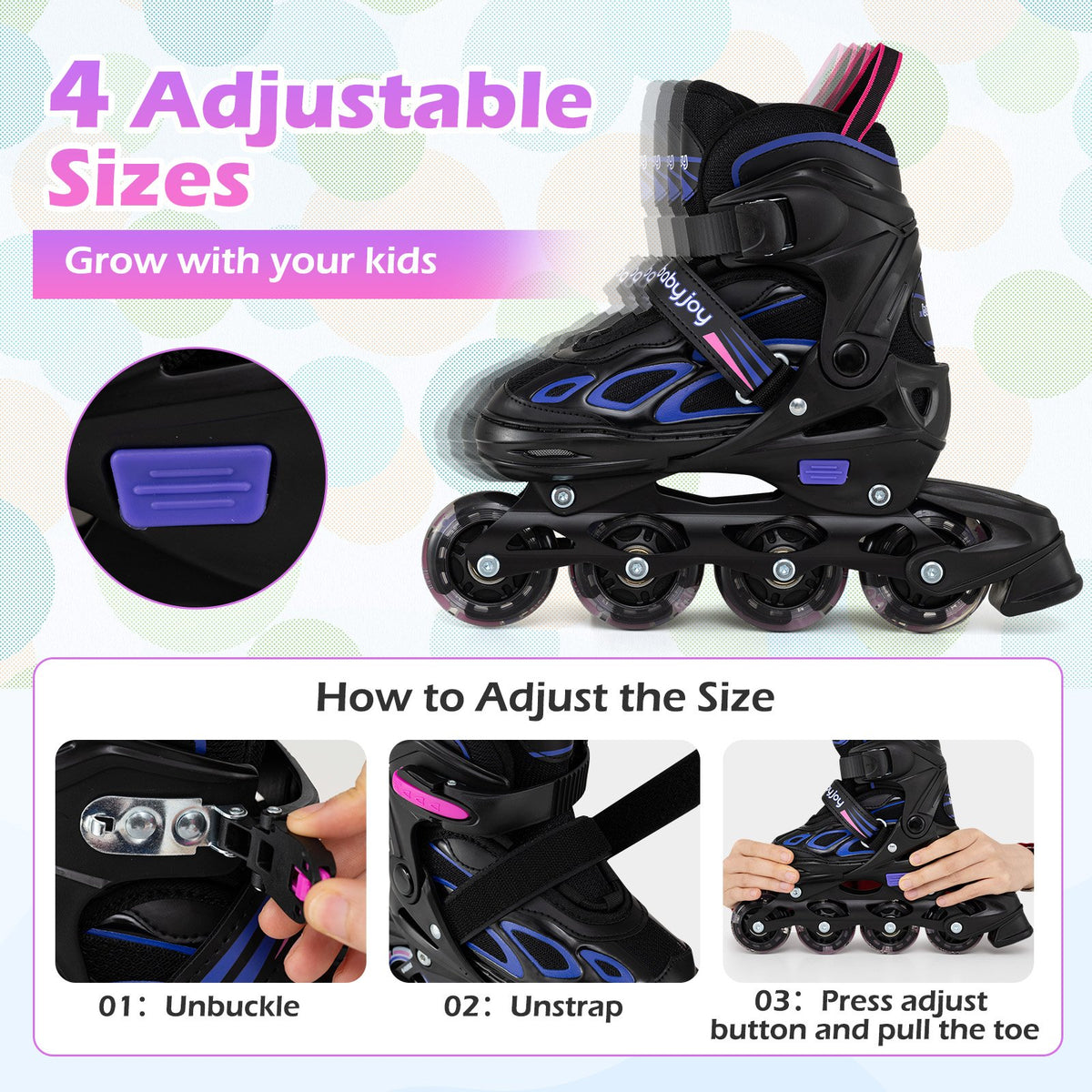 4 Sizes Adjustable Blade Roller with Light-up Wheels for Youth-Purple view 7
