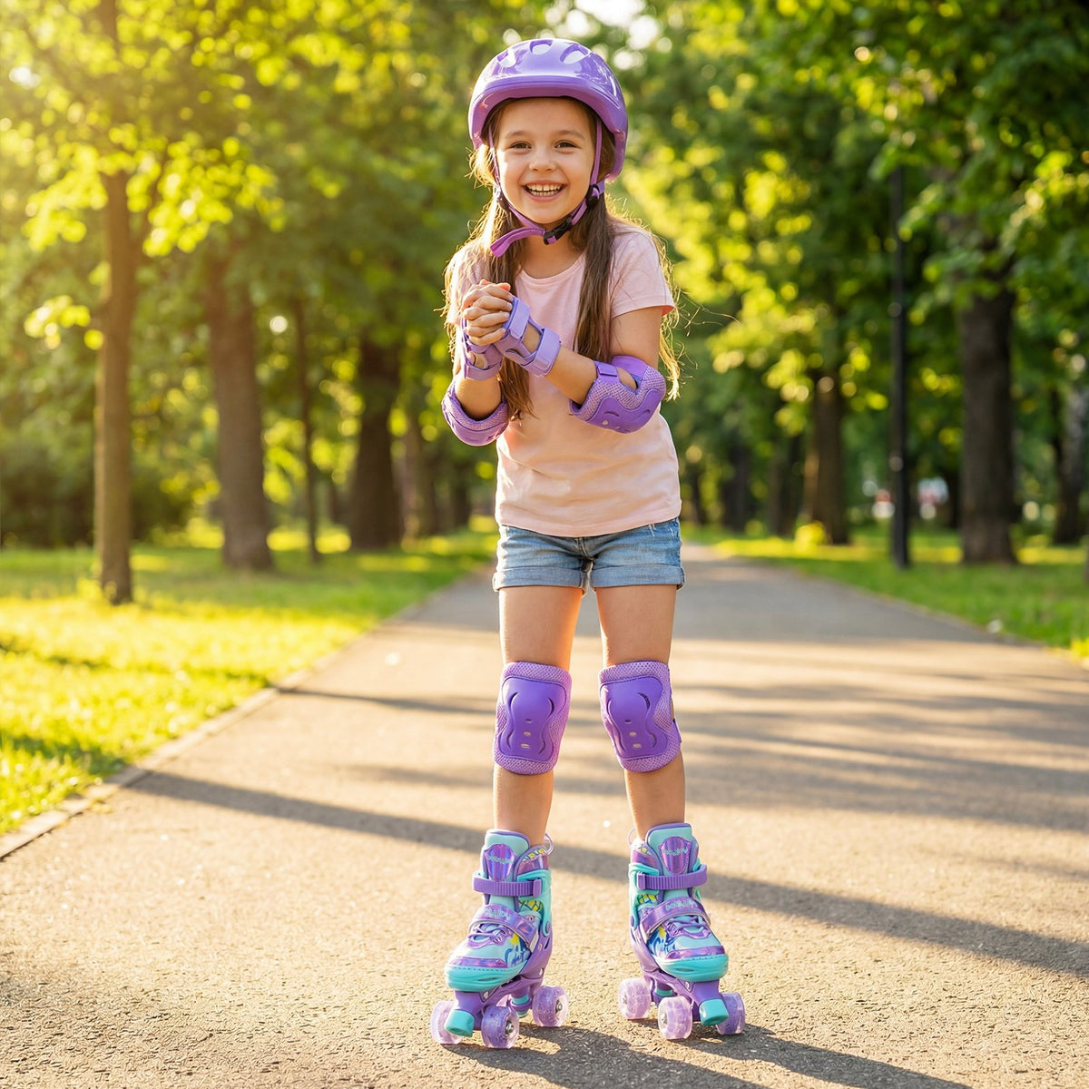4 Sizes Adjustable Kids Roller Skates with Light-up Wheels and Safety Protection M Size-Purple view 2