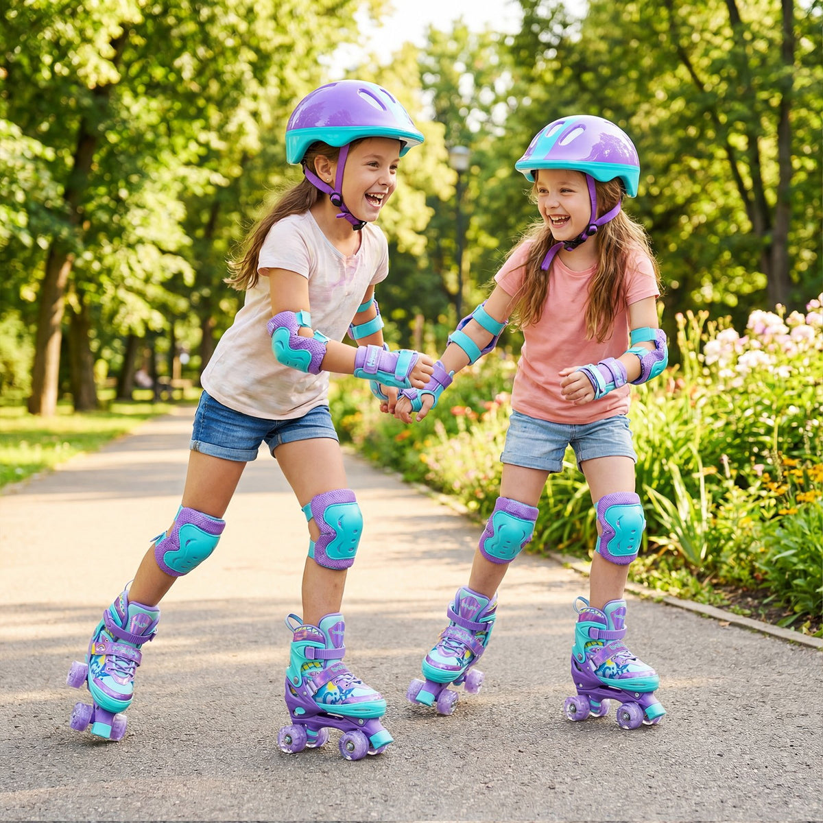4 Sizes Adjustable Kids Roller Skates with Light-up Wheels and Safety Protection M Size-Purple view 3