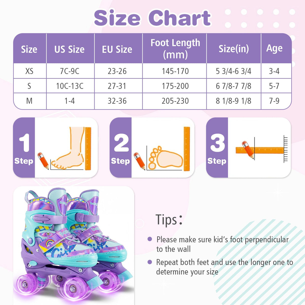 4 Sizes Adjustable Kids Roller Skates with Light-up Wheels and Safety Protection M Size-Purple view 4