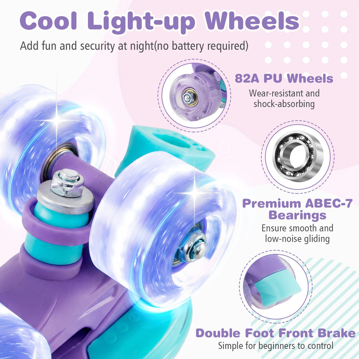 4 Sizes Adjustable Kids Roller Skates with Light-up Wheels and Safety Protection M Size-Purple view 7