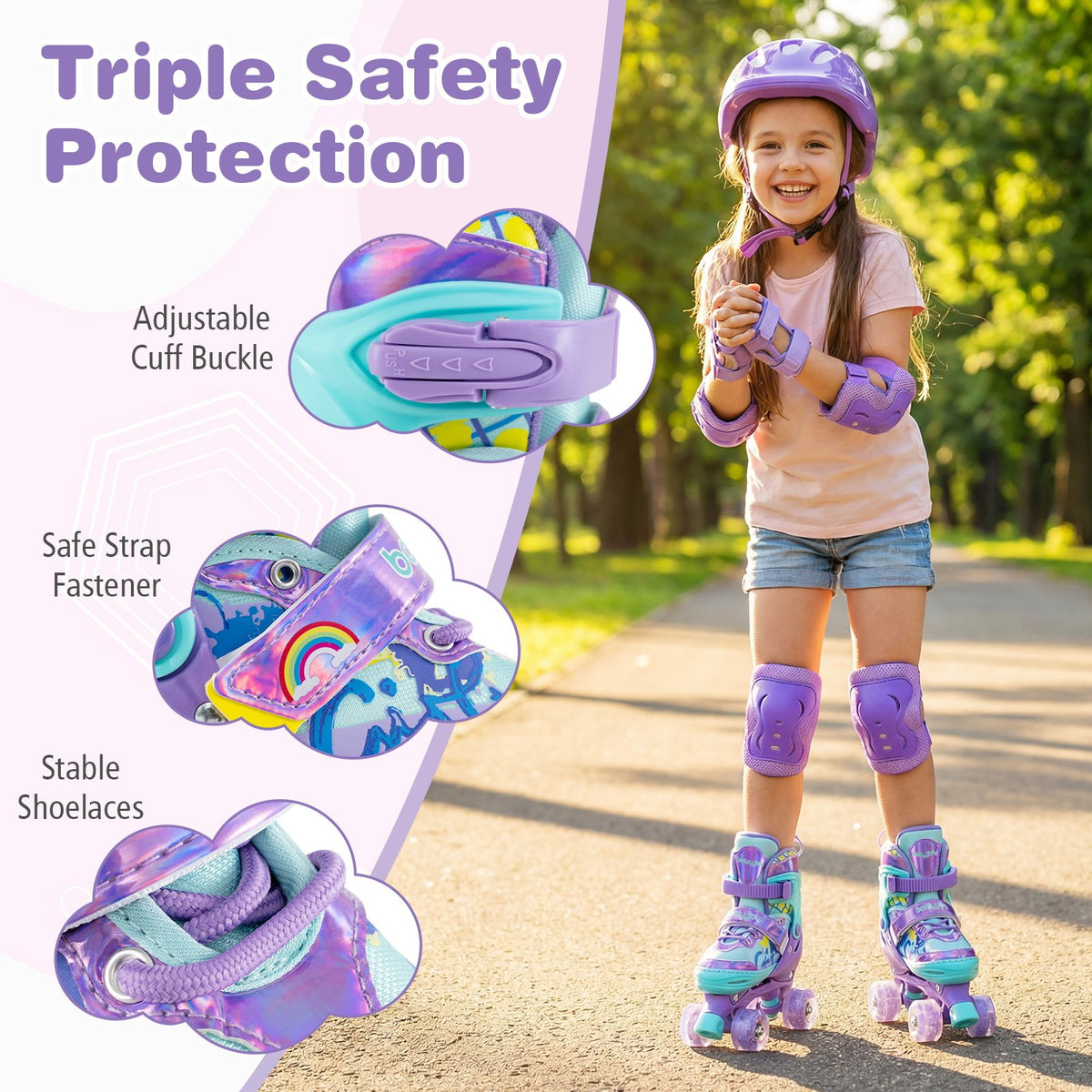 4 Sizes Adjustable Kids Roller Skates with Light-up Wheels and Safety Protection M Size-Purple view 8