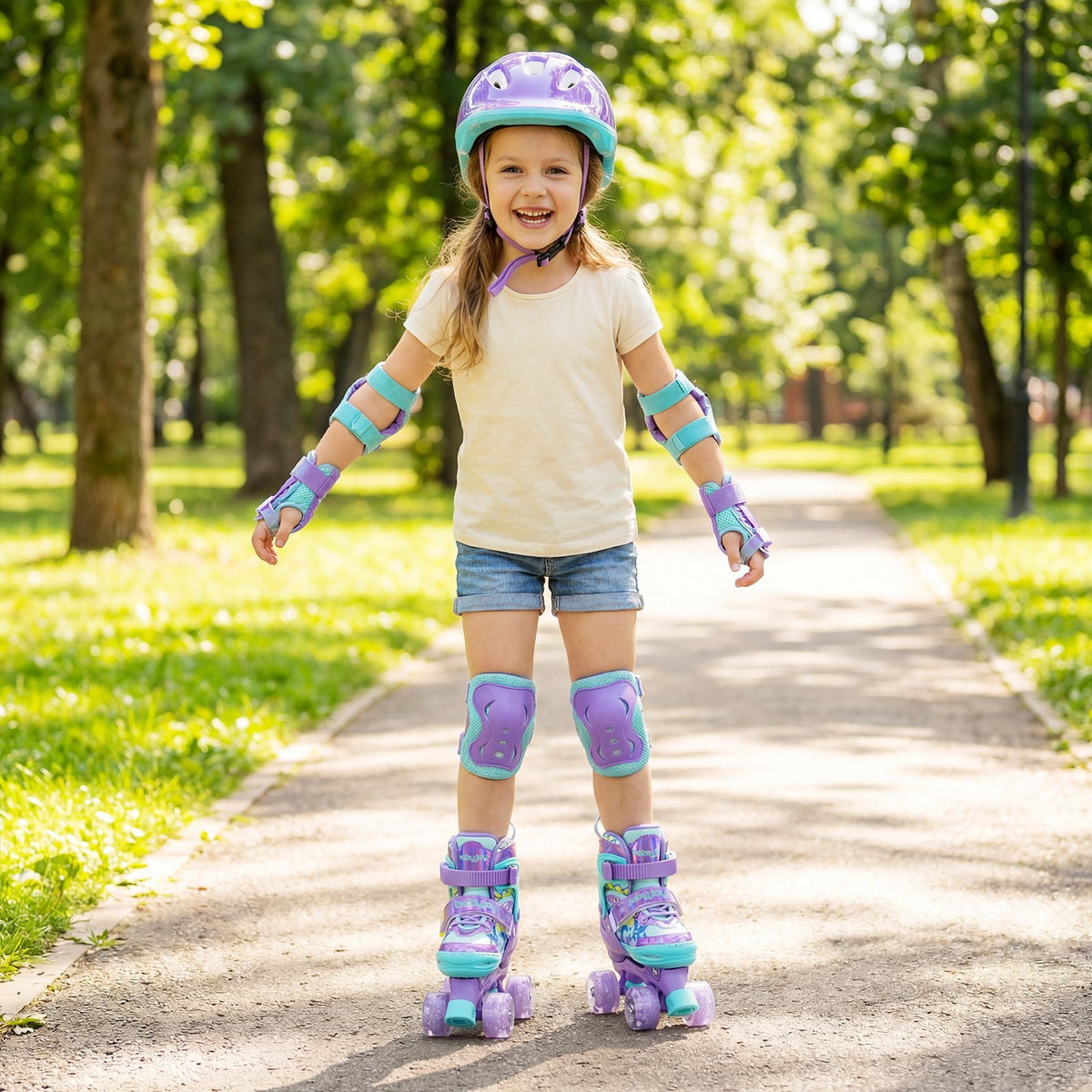 4 Sizes Adjustable Kids Roller Skates with Light-up Wheels and Safety Protection S Size-Purple view 2
