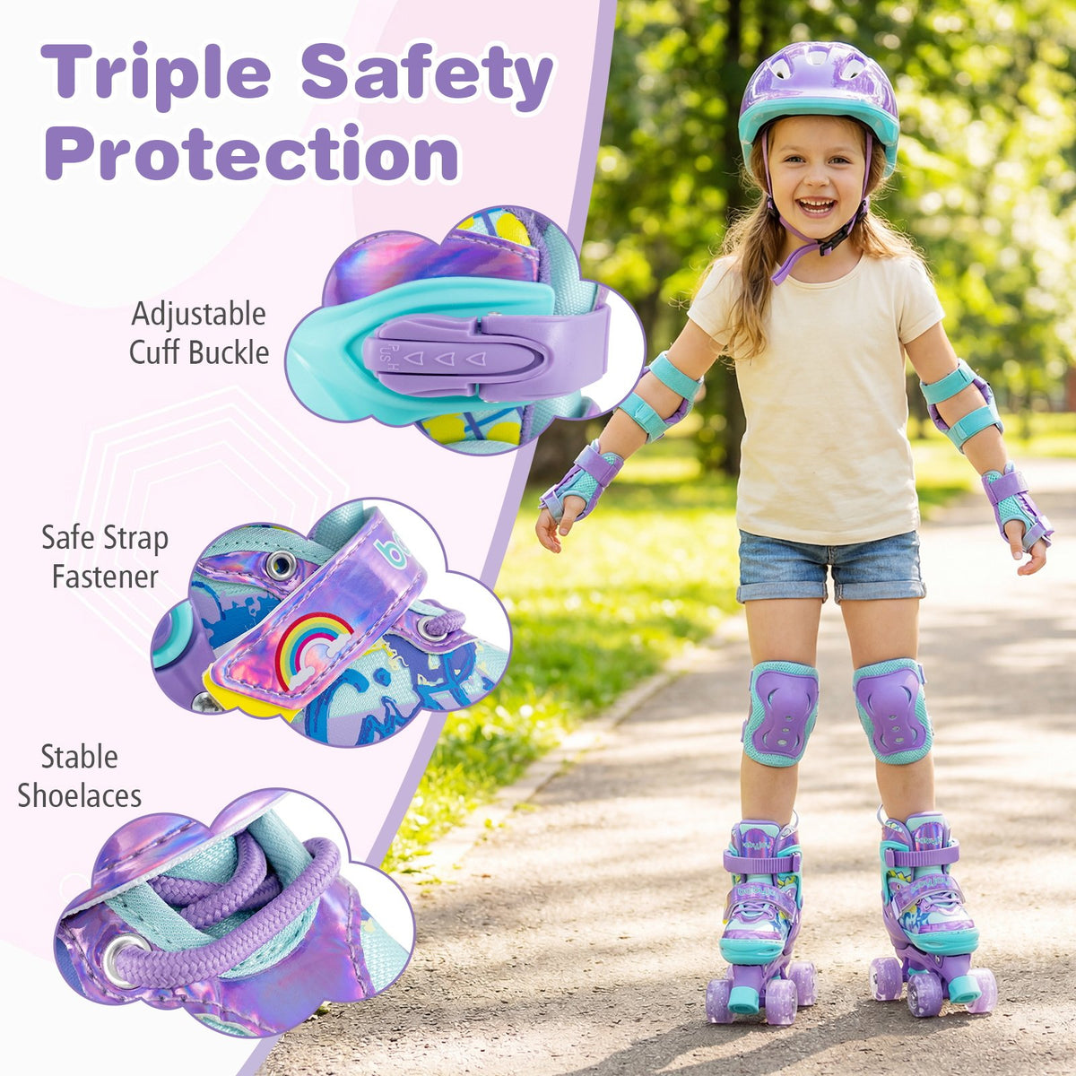 4 Sizes Adjustable Kids Roller Skates with Light-up Wheels and Safety Protection S Size-Purple view 8
