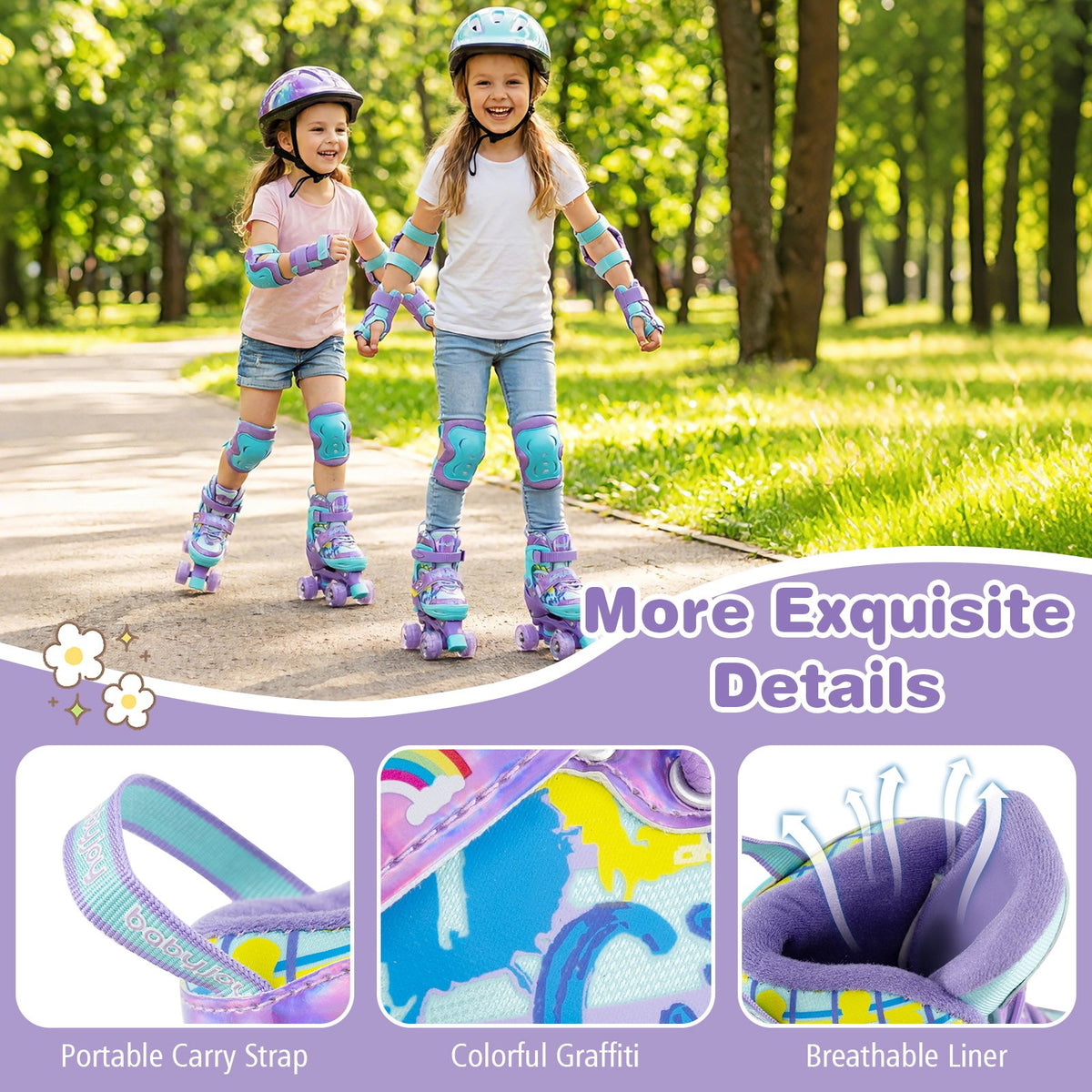 4 Sizes Adjustable Kids Roller Skates with Light-up Wheels and Safety Protection S Size-Purple view 9