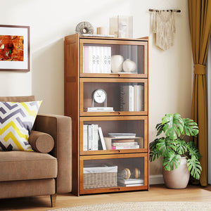 4-Tier Bamboo Bookcase with Doors for Study Room Living Room-Brown view 2