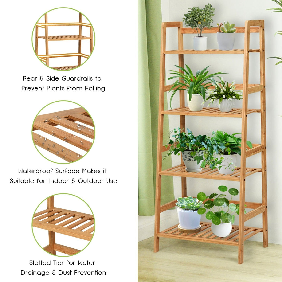 4-Tier Bamboo Plant Rack with Guardrails Stable and Space-Saving-Natural view 6