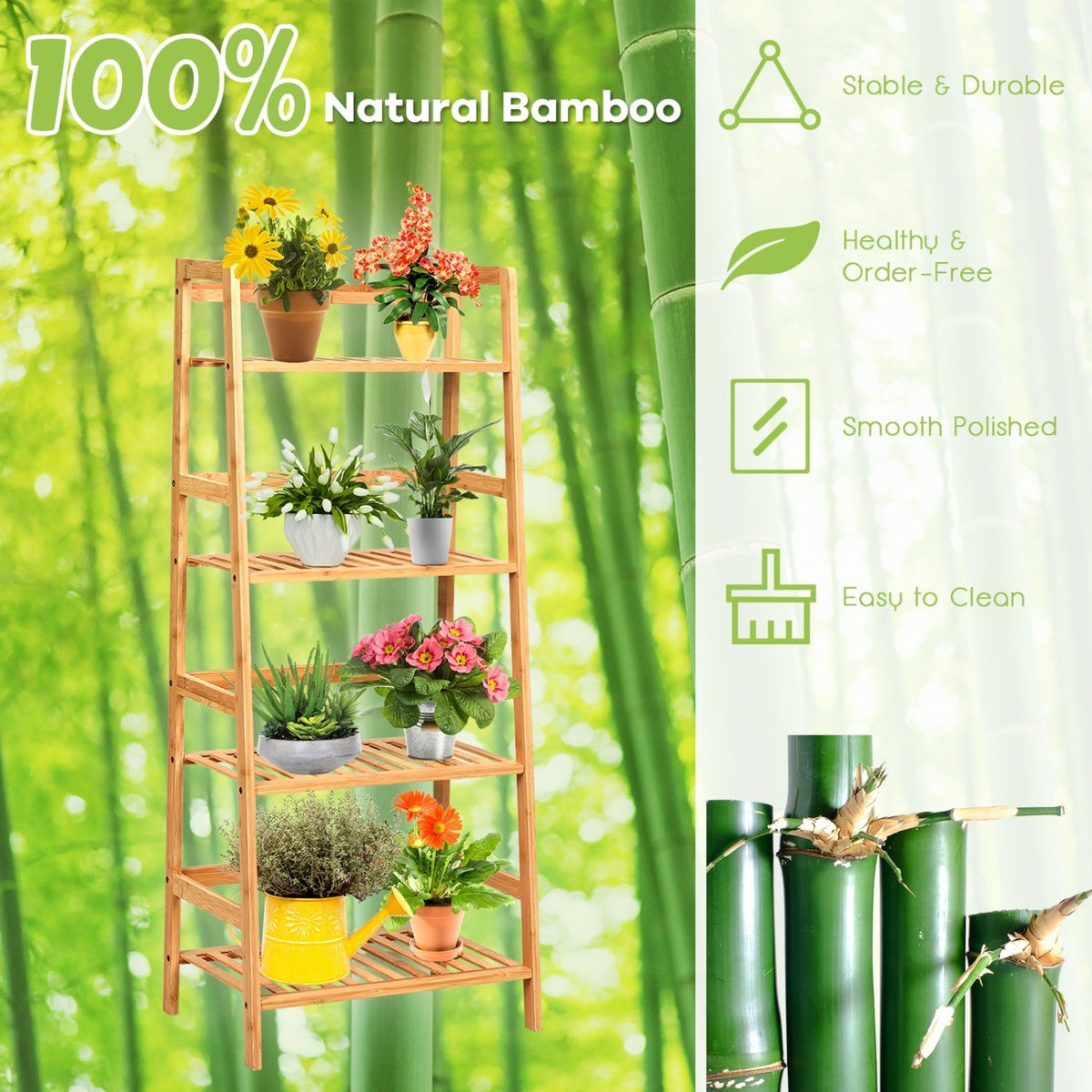 4-Tier Bamboo Plant Rack with Guardrails Stable and Space-Saving-Natural view 7