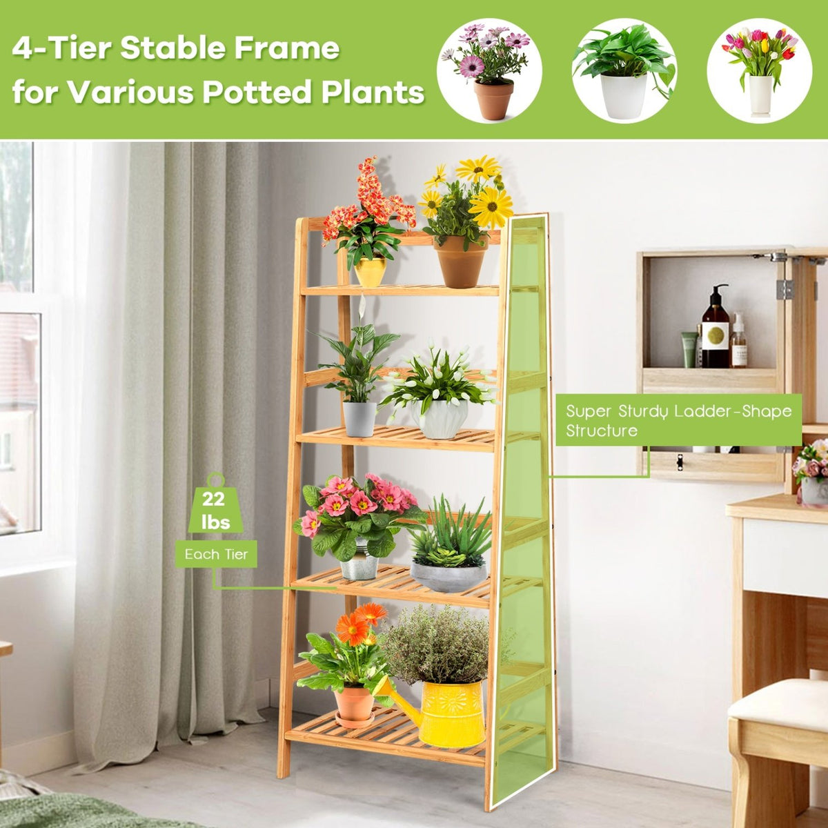 4-Tier Bamboo Plant Rack with Guardrails Stable and Space-Saving-Natural view 9