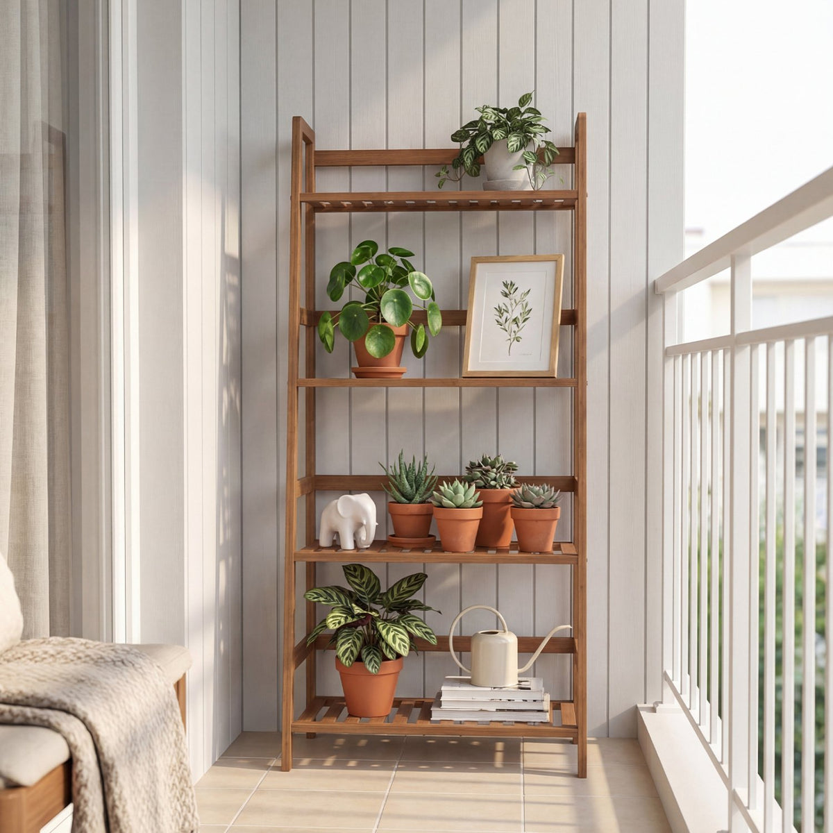 4-Tier Bamboo Plant Rack with Guardrails Stable and Space-Saving-Walnut view 2