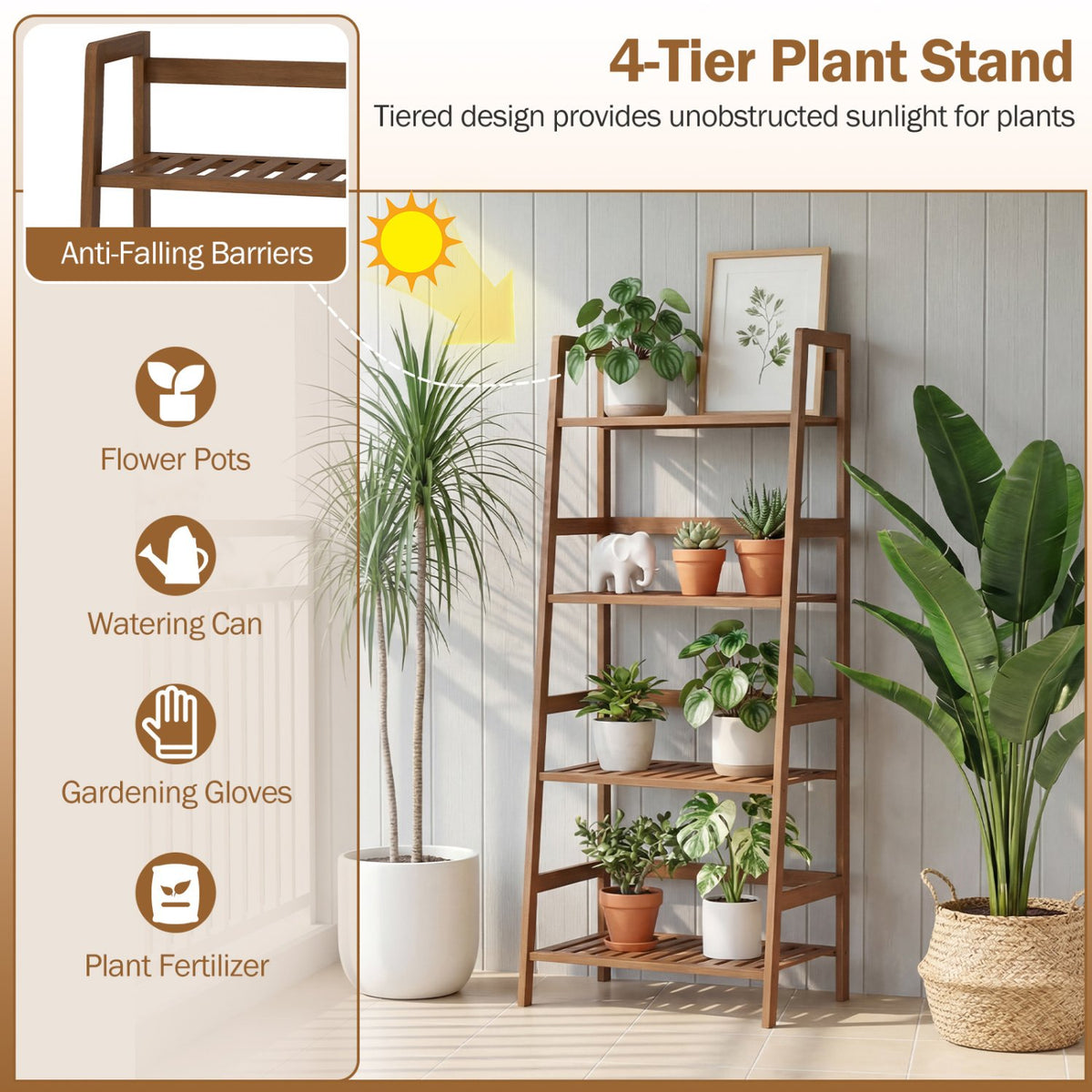 4-Tier Bamboo Plant Rack with Guardrails Stable and Space-Saving-Walnut view 8