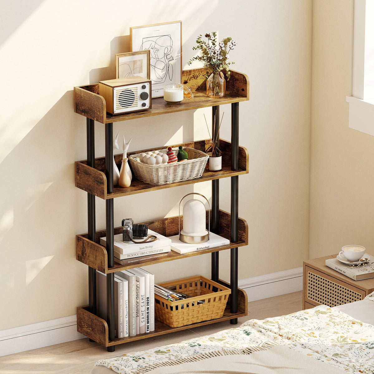 4-Tier Bookshelf Open Bookcase with Anti-Tipping Kit Industrial Storage Unit-Rustic Brown view 3