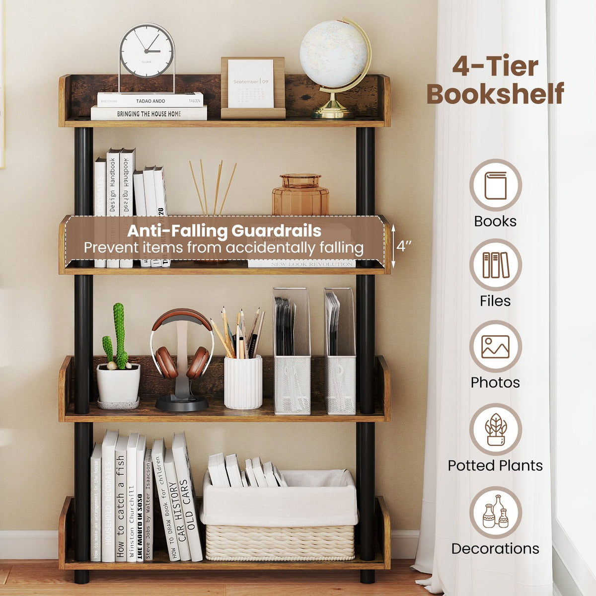 4-Tier Bookshelf Open Bookcase with Anti-Tipping Kit Industrial Storage Unit-Rustic Brown view 8