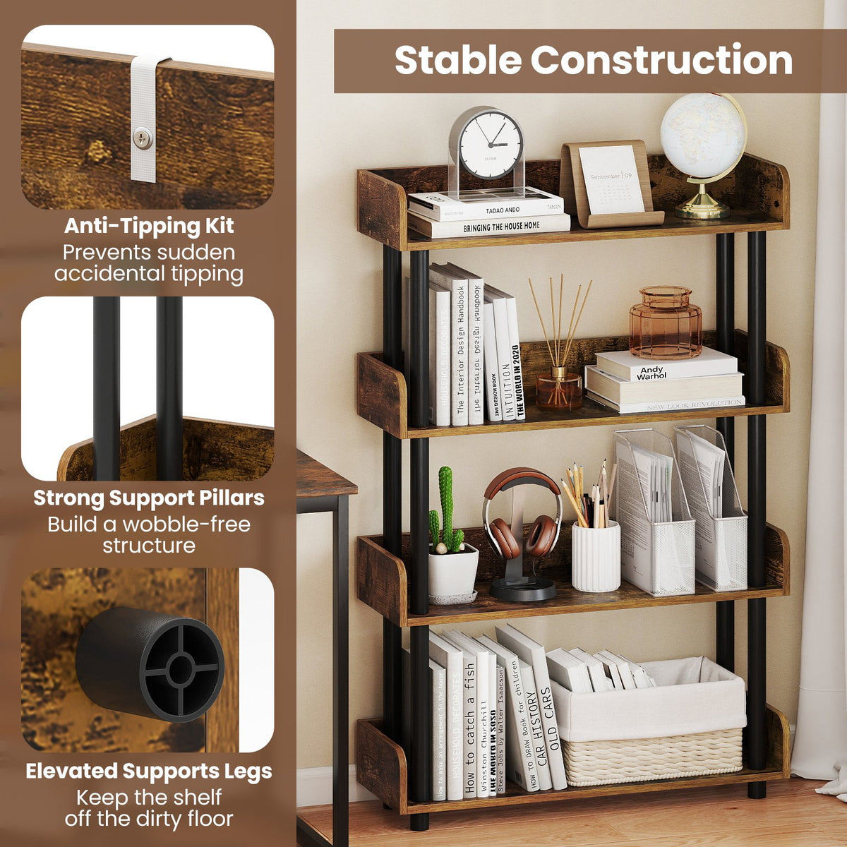 4-Tier Bookshelf Open Bookcase with Anti-Tipping Kit Industrial Storage Unit-Rustic Brown view 9