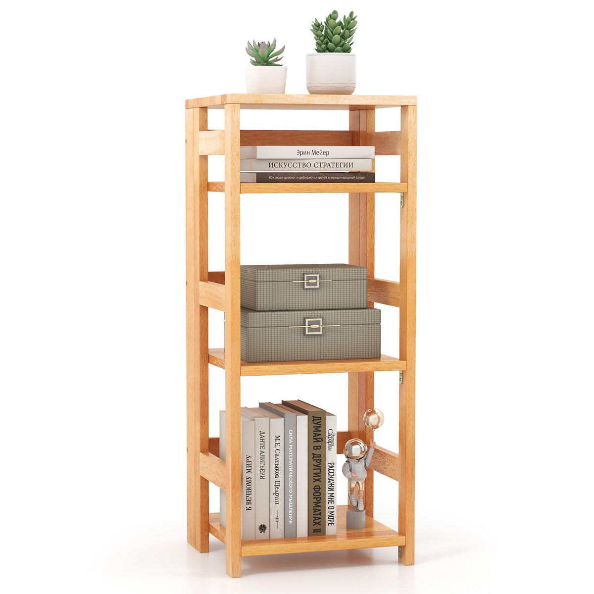 4-Tier Bookshelf Rubber Wood Bookcase with Side Fences for Living Room-14 inches view 4
