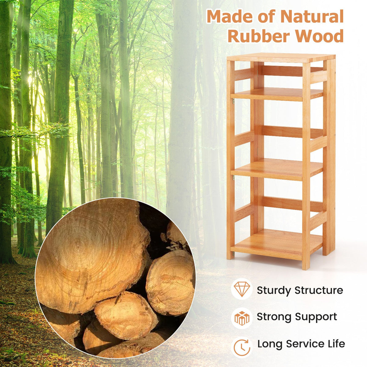 4-Tier Bookshelf Rubber Wood Bookcase with Side Fences for Living Room-14 inches view 8