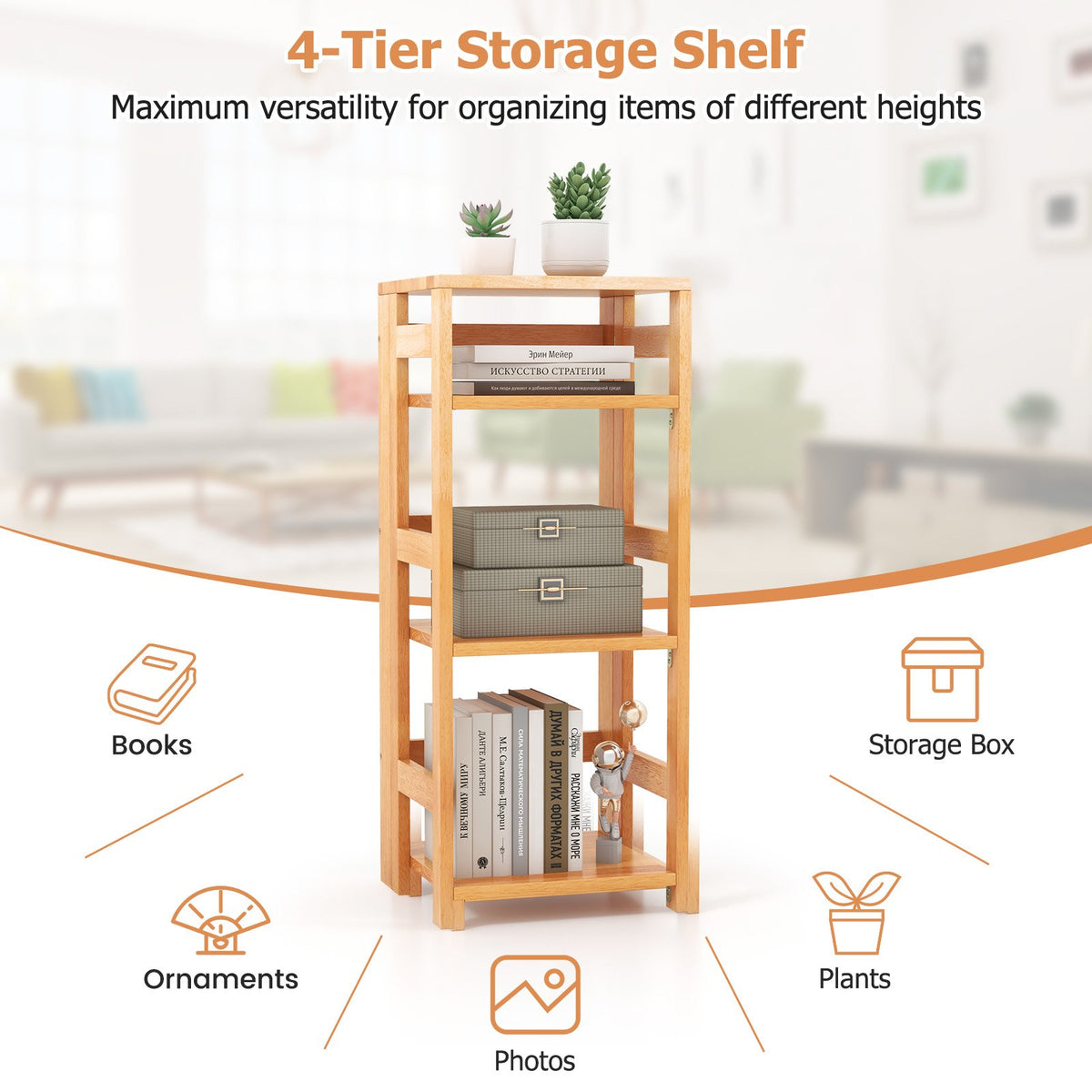 4-Tier Bookshelf Rubber Wood Bookcase with Side Fences for Living Room-14 inches view 9