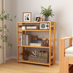 4-Tier Bookshelf Rubber Wood Bookcase with Side Fences for Living Room-29.5 inches view 2