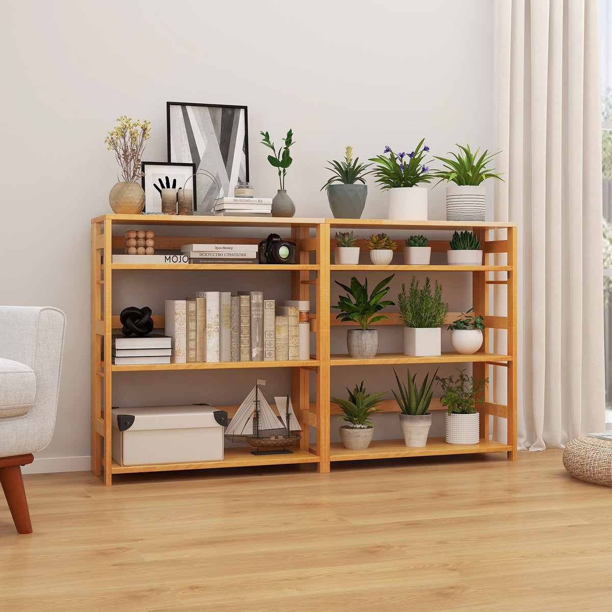 4-Tier Bookshelf Rubber Wood Bookcase with Side Fences for Living Room-29.5 inches view 3