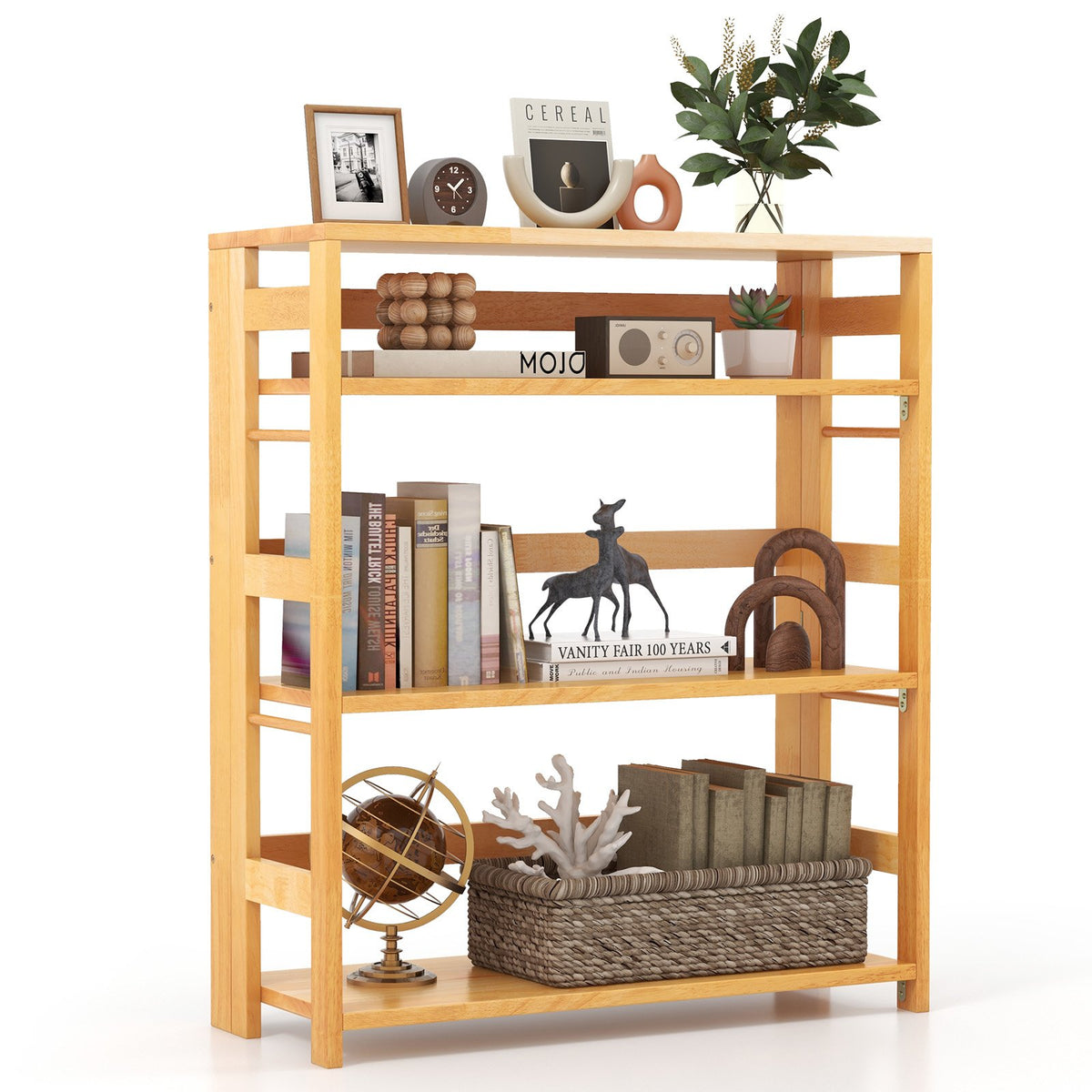 4-Tier Bookshelf Rubber Wood Bookcase with Side Fences for Living Room-29.5 inches view 4