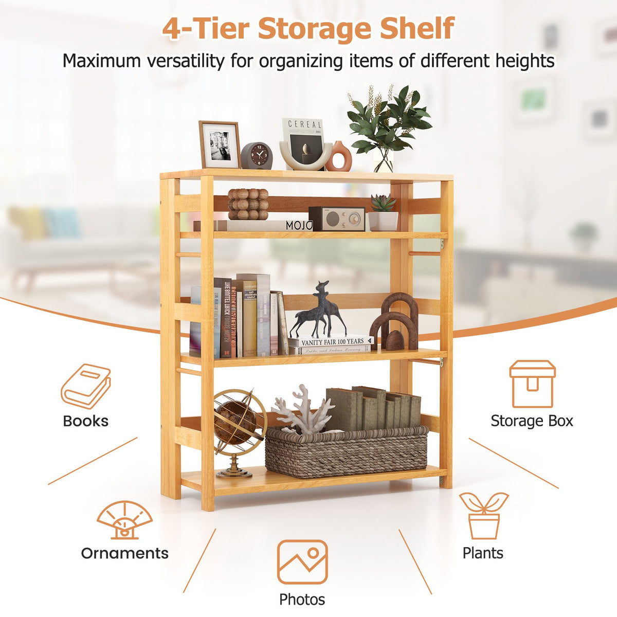 4-Tier Bookshelf Rubber Wood Bookcase with Side Fences for Living Room-29.5 inches view 9