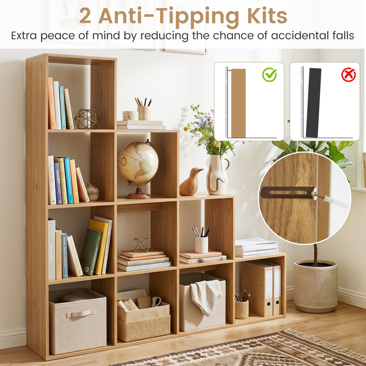 4-Tier Bookshelf with 2 Anti-Tipping Kits for Home Office-Natrual view 7