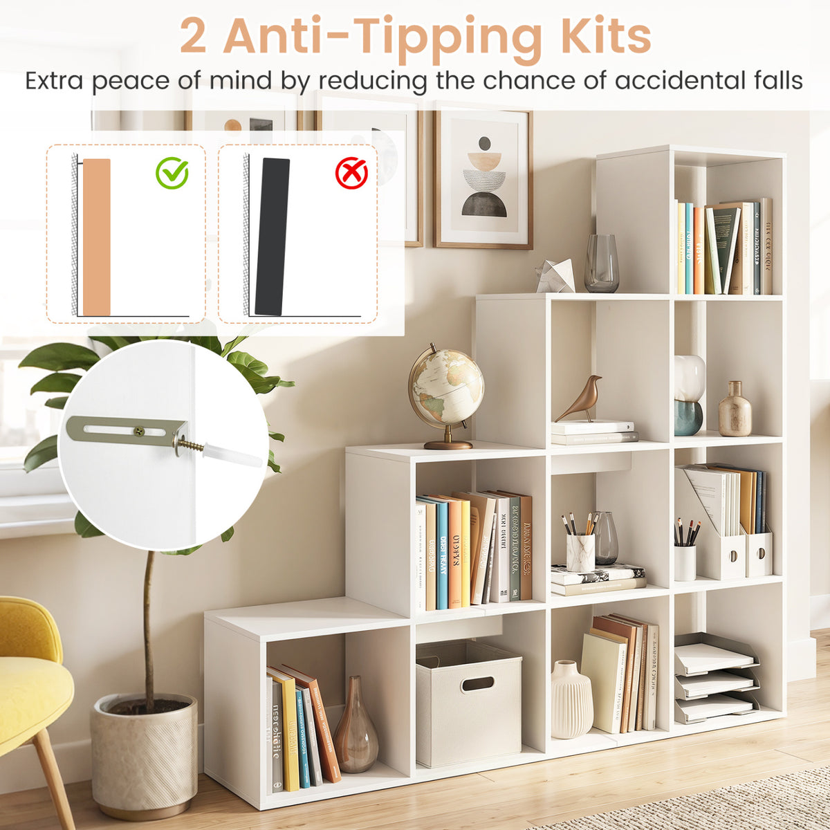 4-Tier Bookshelf with 2 Anti-Tipping Kits for Home Office-White view 7
