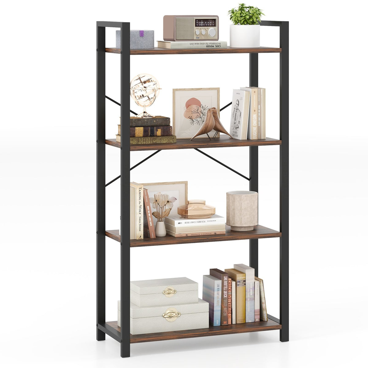 4-Tier Bookshelf with Heavy Duty Metal Frame Industrial Display Shelf-Rustic Brown view 4
