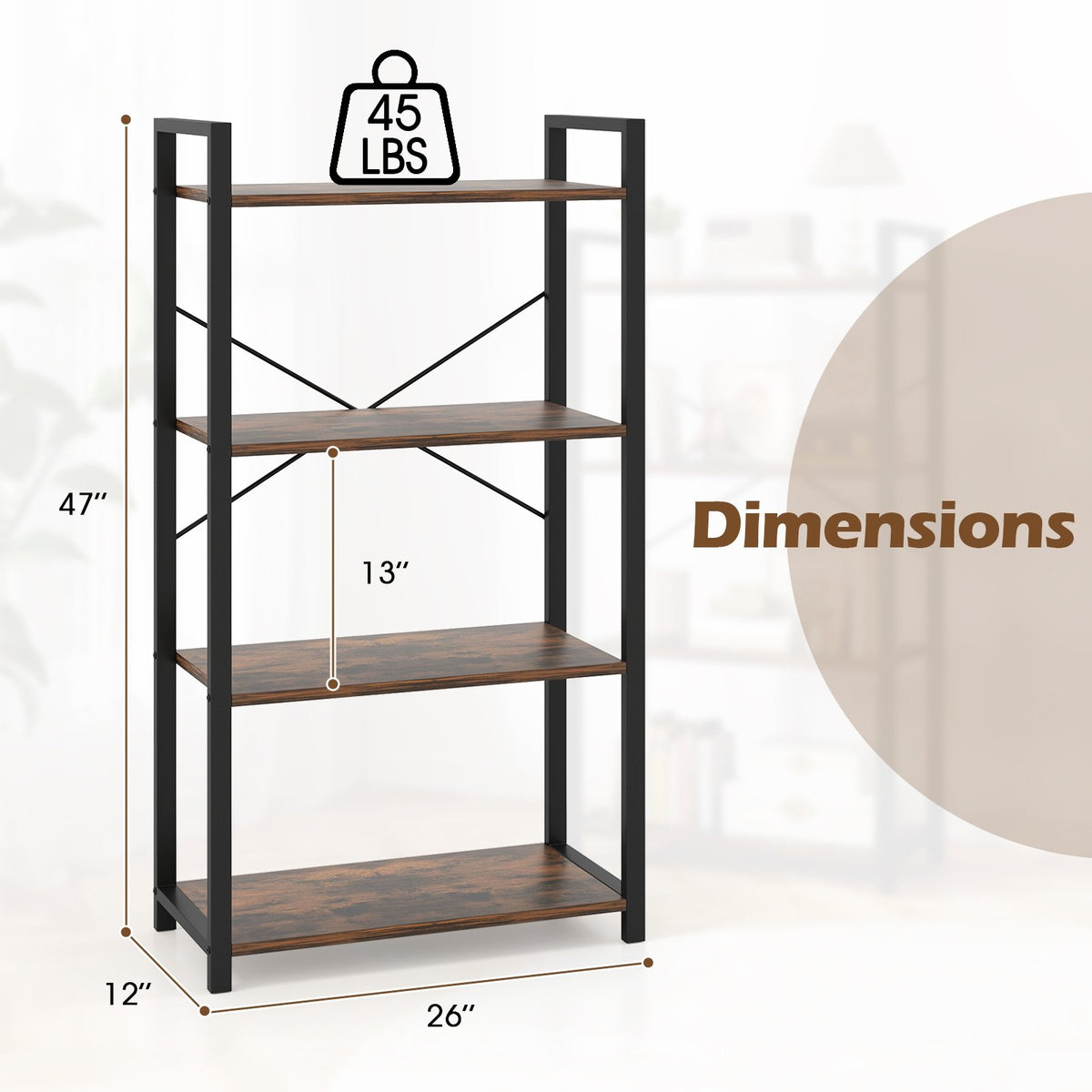 4-Tier Bookshelf with Heavy Duty Metal Frame Industrial Display Shelf-Rustic Brown view 5