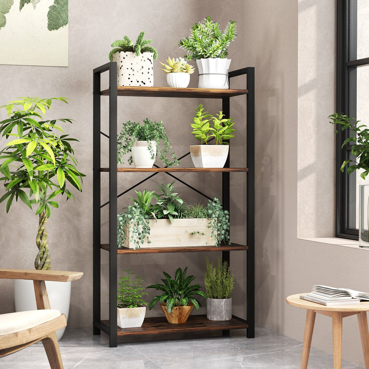 4-Tier Bookshelf with Heavy Duty Metal Frame Industrial Display Shelf-Rustic Brown view 7