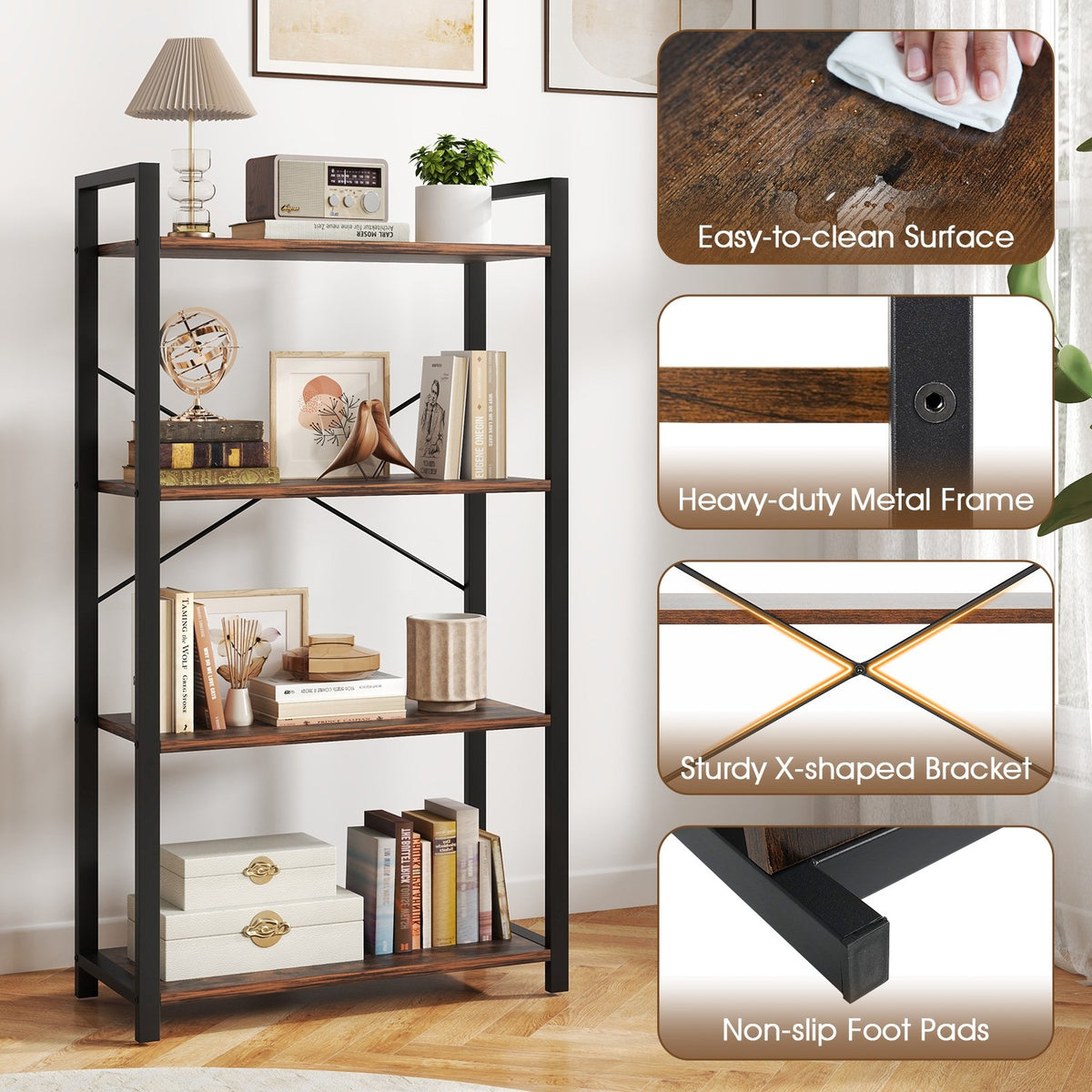 4-Tier Bookshelf with Heavy Duty Metal Frame Industrial Display Shelf-Rustic Brown view 9