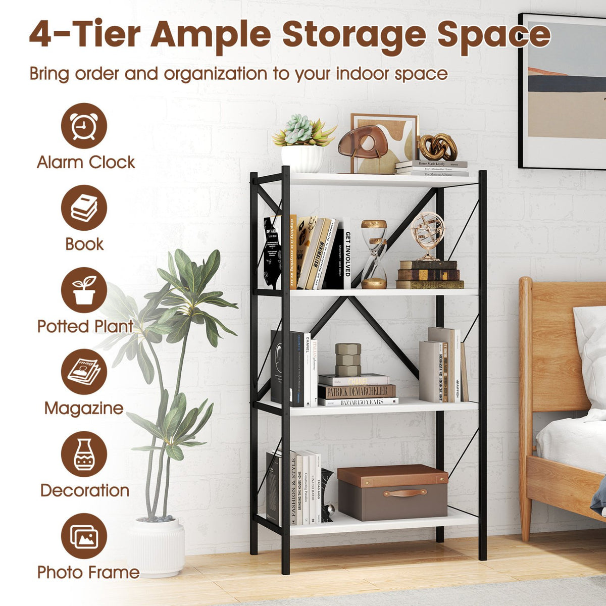 4-Tier Bookshelf with Heavy-Duty Metal Frame-White view 8