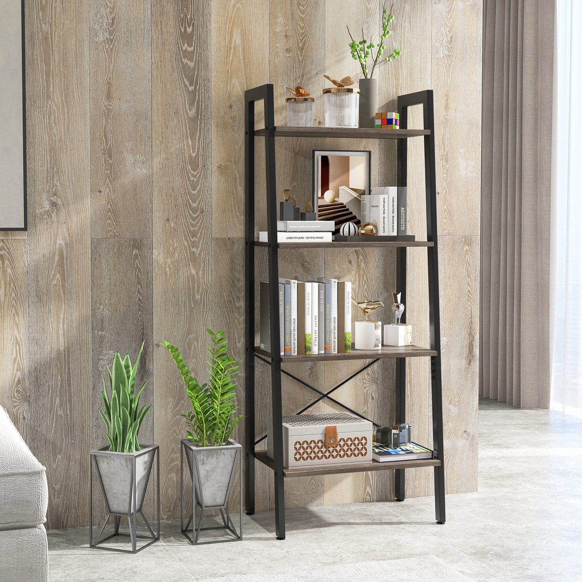 4-Tier Bookshelf with Metal Frame and Adjustable Foot Pads-Oak view 2
