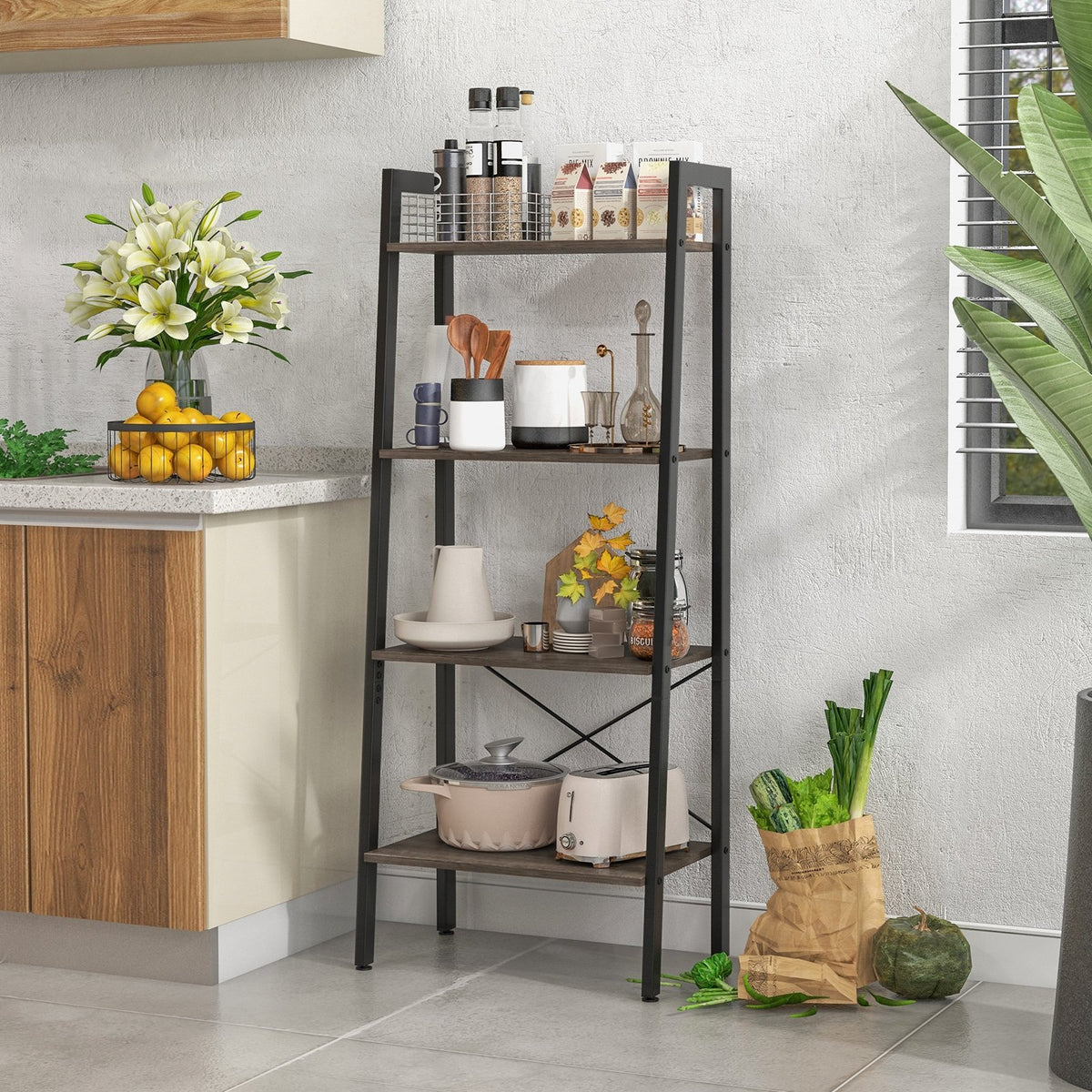 4-Tier Bookshelf with Metal Frame and Adjustable Foot Pads-Oak view 3