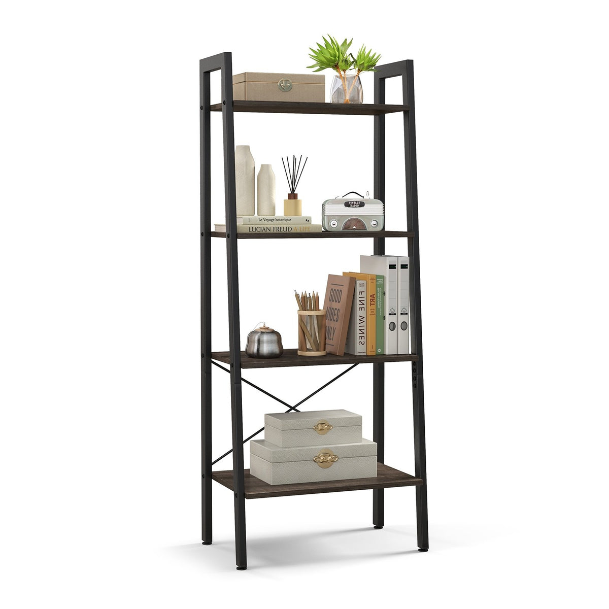 4-Tier Bookshelf with Metal Frame and Adjustable Foot Pads-Oak view 4