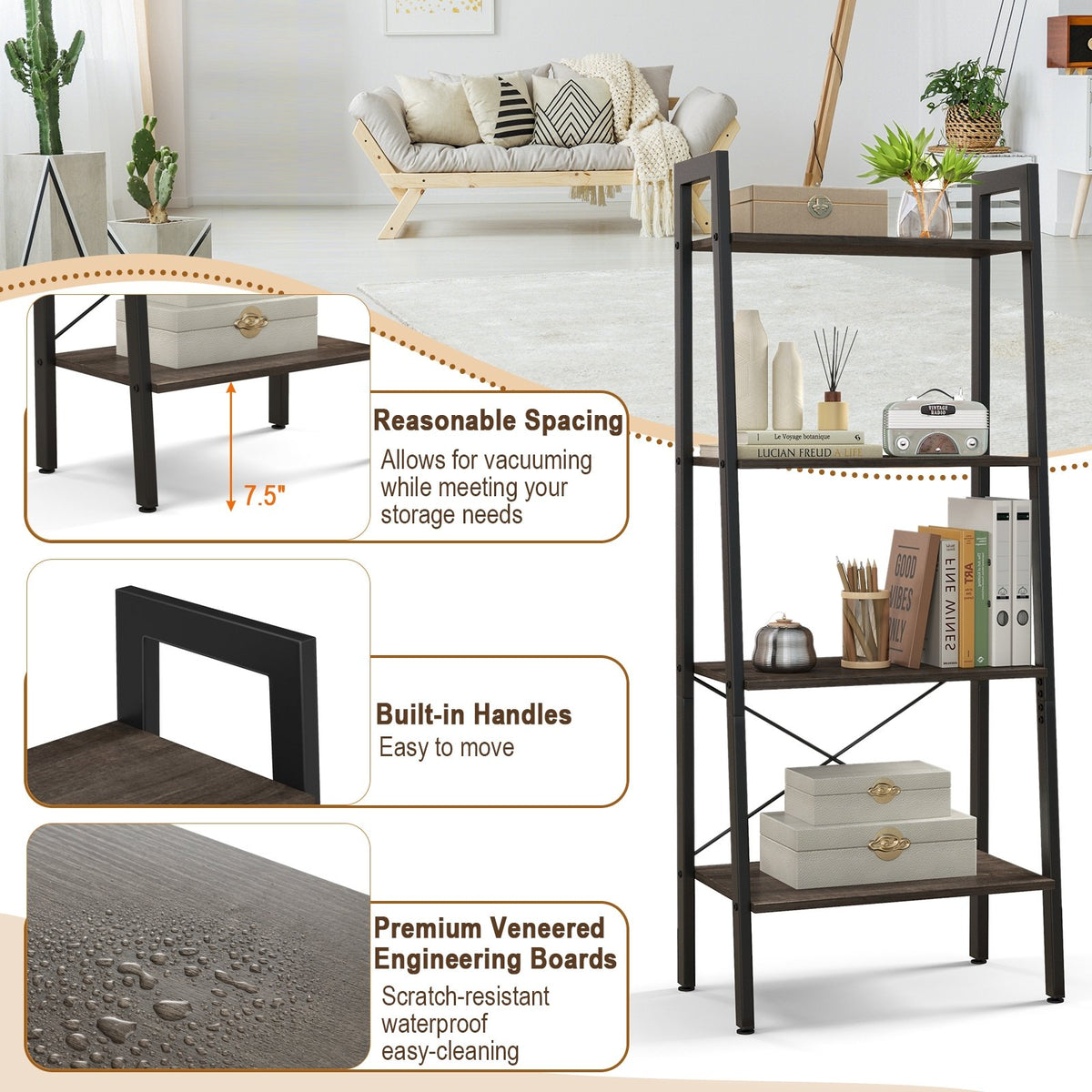 4-Tier Bookshelf with Metal Frame and Adjustable Foot Pads-Oak view 7