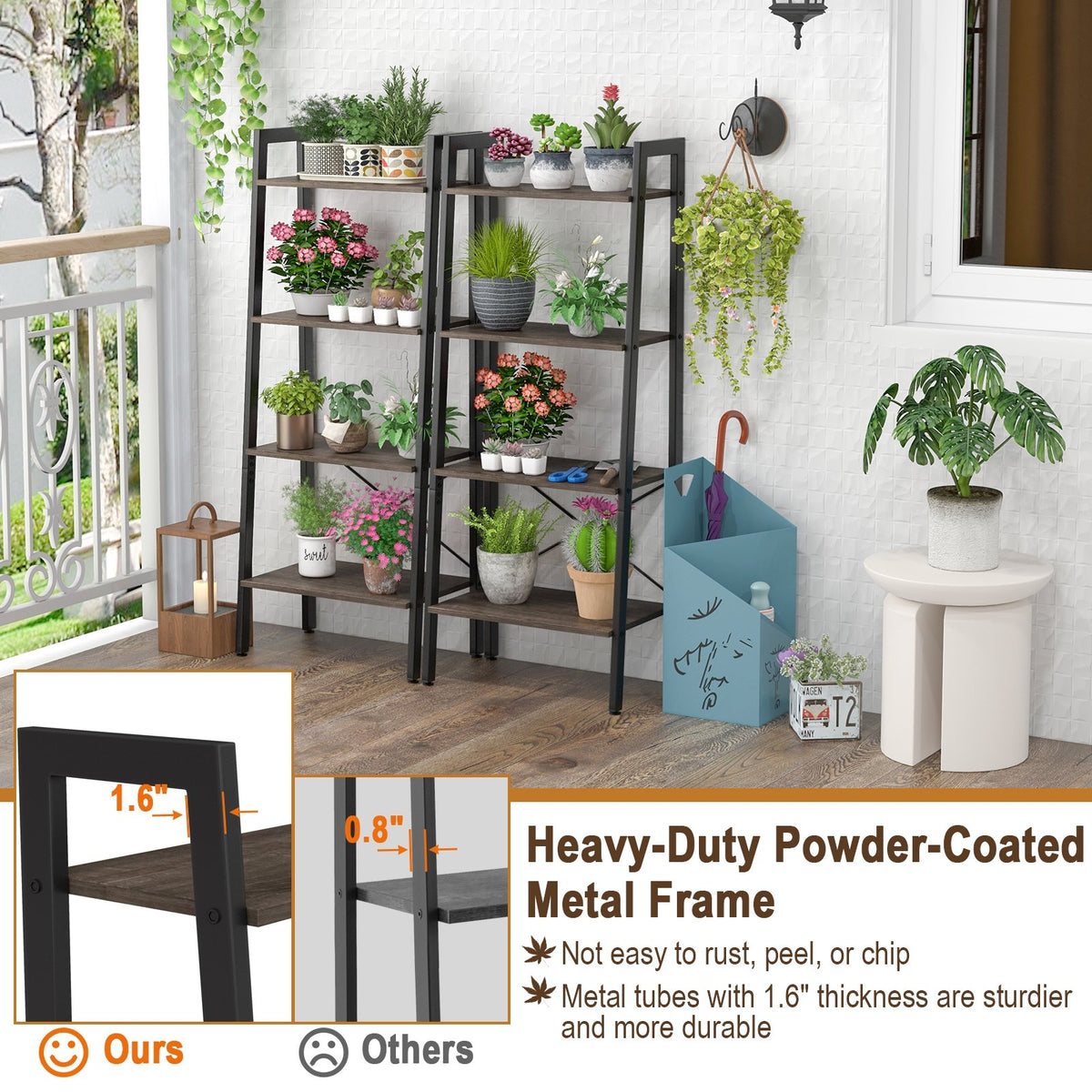 4-Tier Bookshelf with Metal Frame and Adjustable Foot Pads-Oak view 8