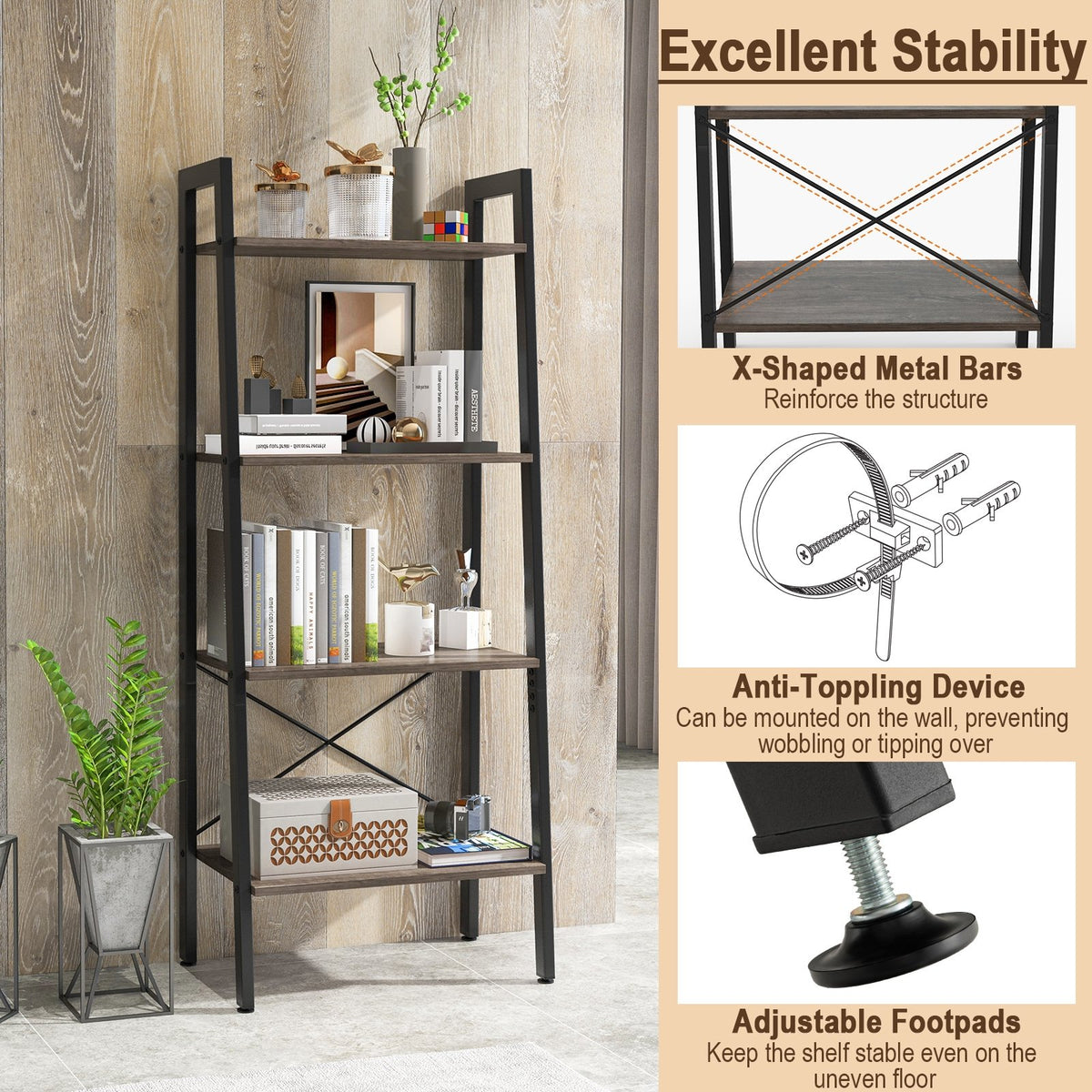 4-Tier Bookshelf with Metal Frame and Adjustable Foot Pads-Oak view 9