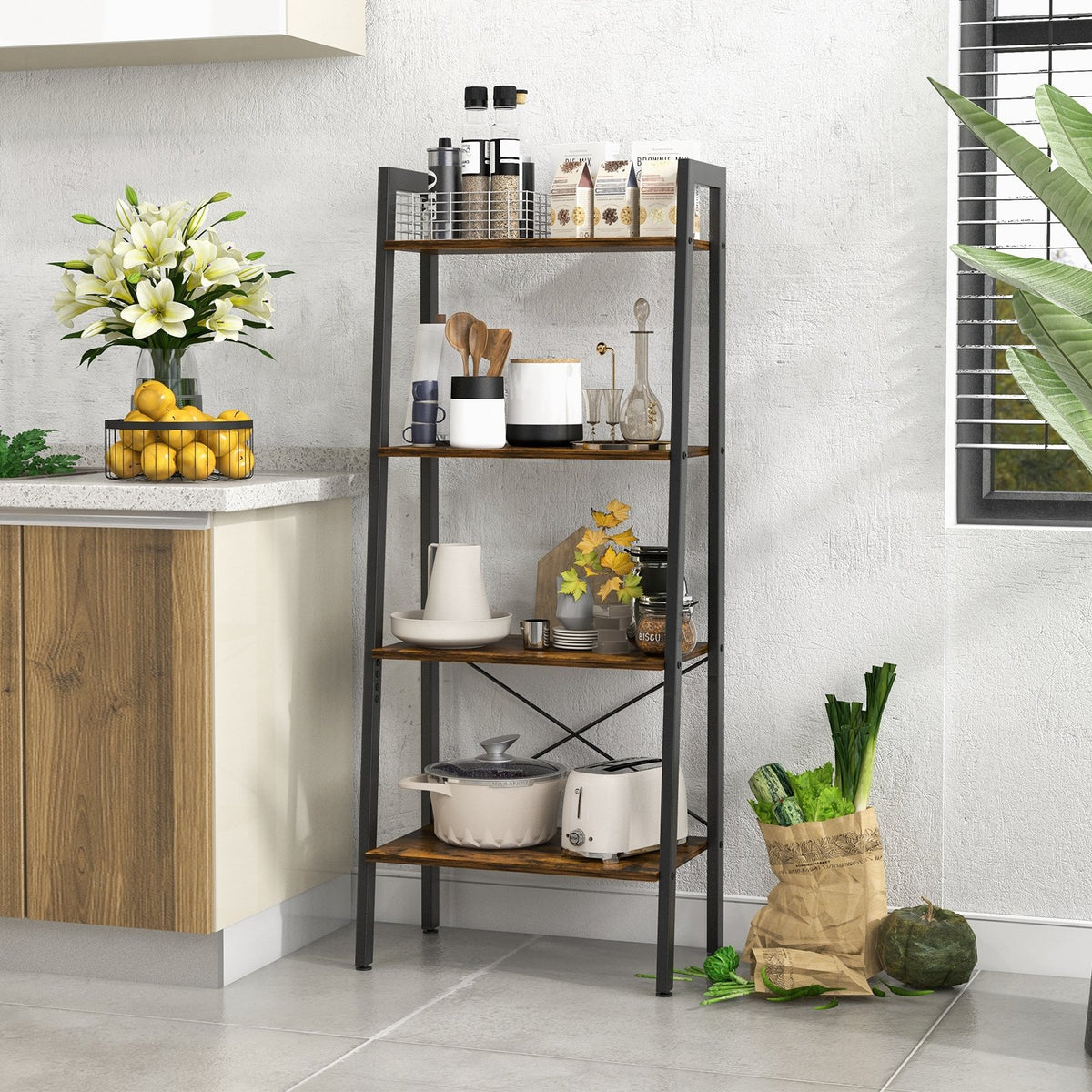 4-Tier Bookshelf with Metal Frame and Adjustable Foot Pads-Rustic Brown view 3