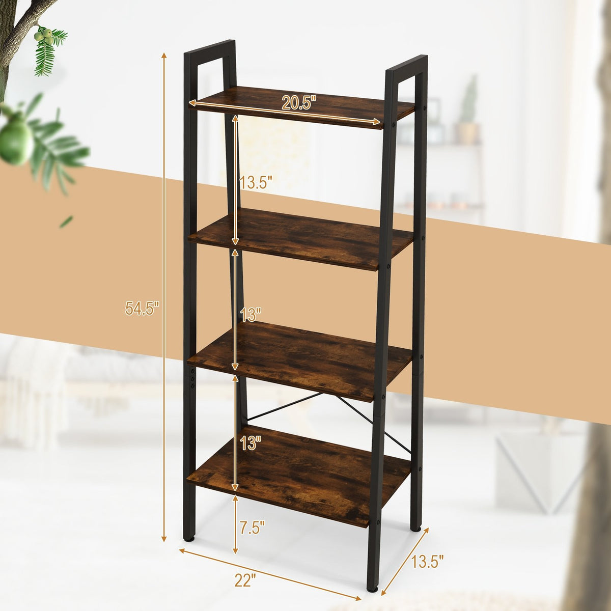 4-Tier Bookshelf with Metal Frame and Adjustable Foot Pads-Rustic Brown view 5
