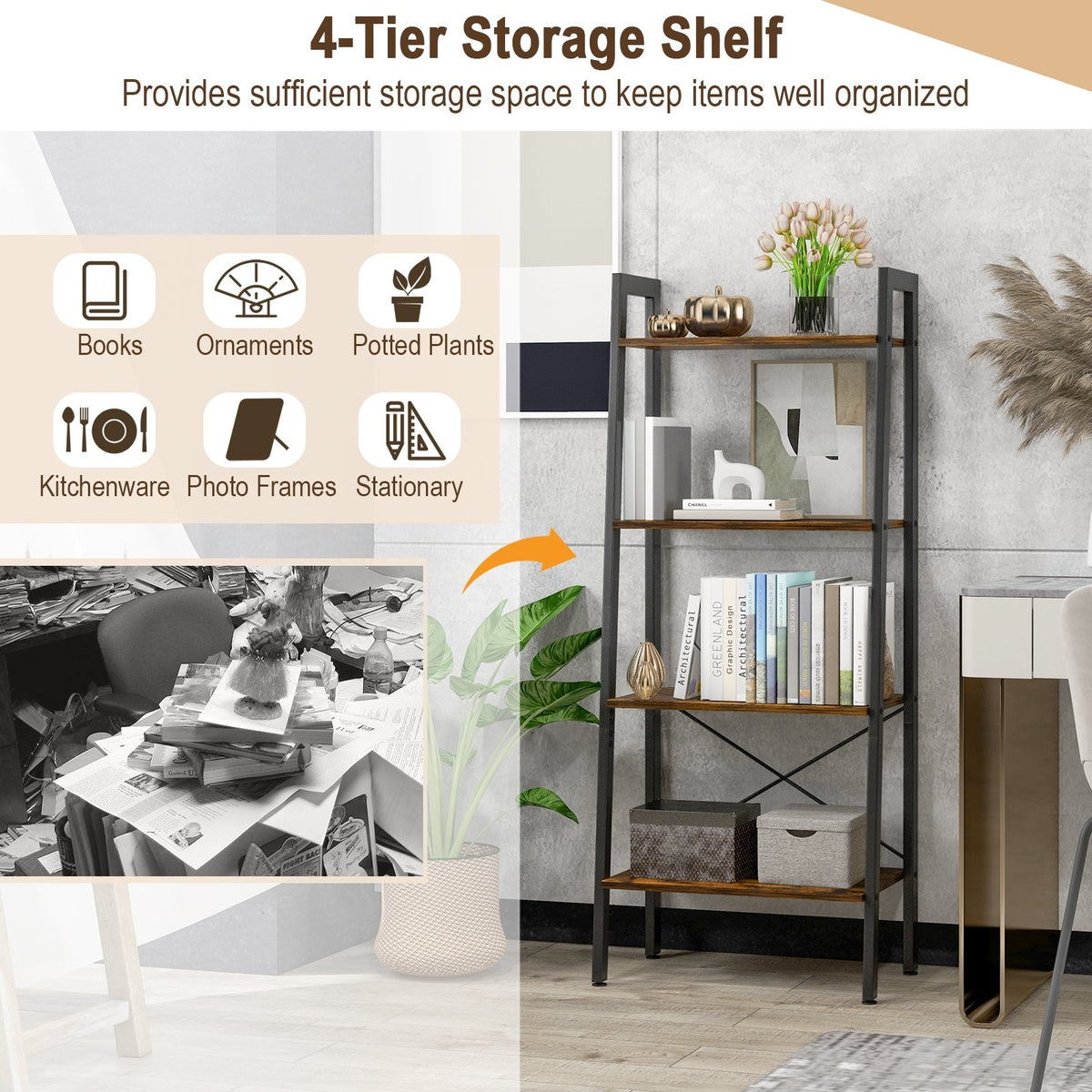 4-Tier Bookshelf with Metal Frame and Adjustable Foot Pads-Rustic Brown view 6