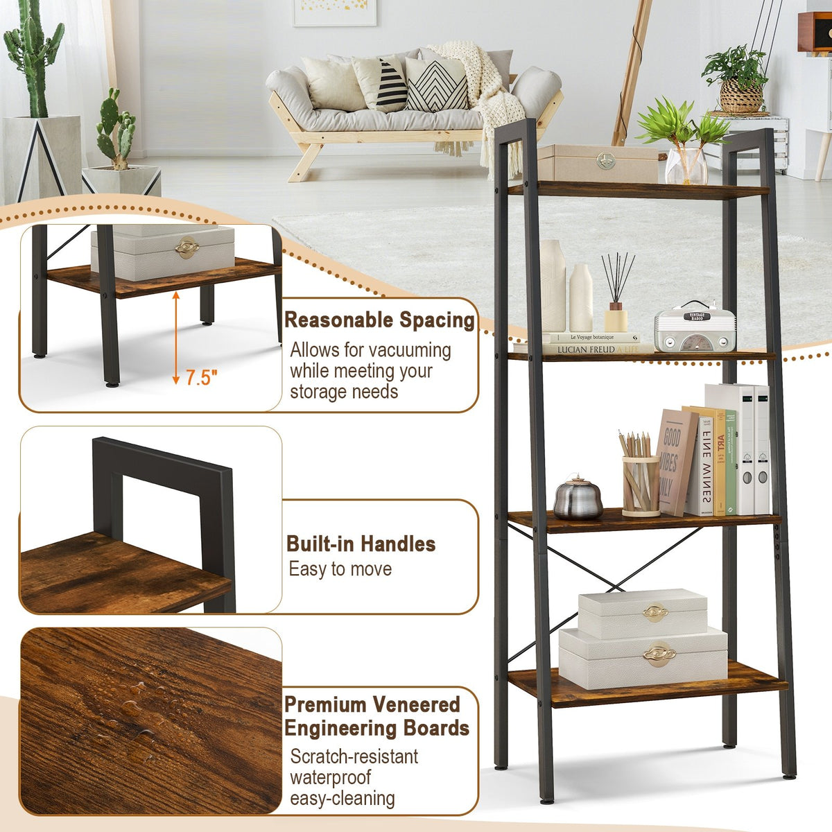 4-Tier Bookshelf with Metal Frame and Adjustable Foot Pads-Rustic Brown view 7