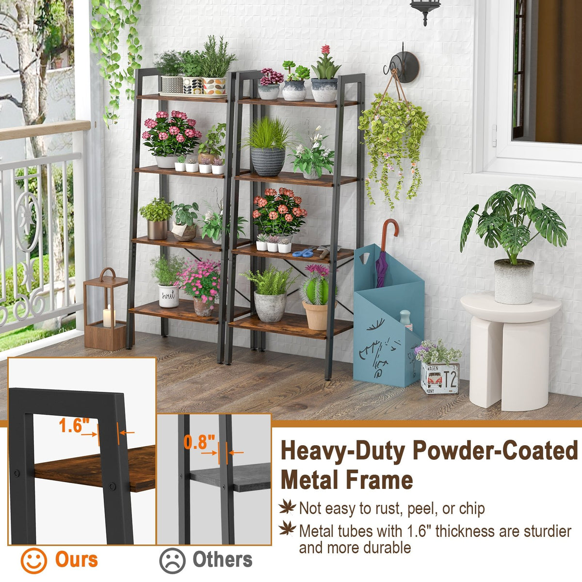 4-Tier Bookshelf with Metal Frame and Adjustable Foot Pads-Rustic Brown view 8