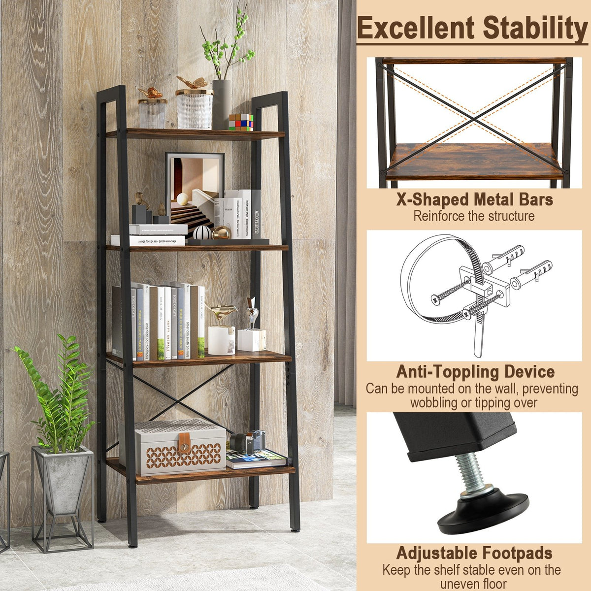 4-Tier Bookshelf with Metal Frame and Adjustable Foot Pads-Rustic Brown view 9